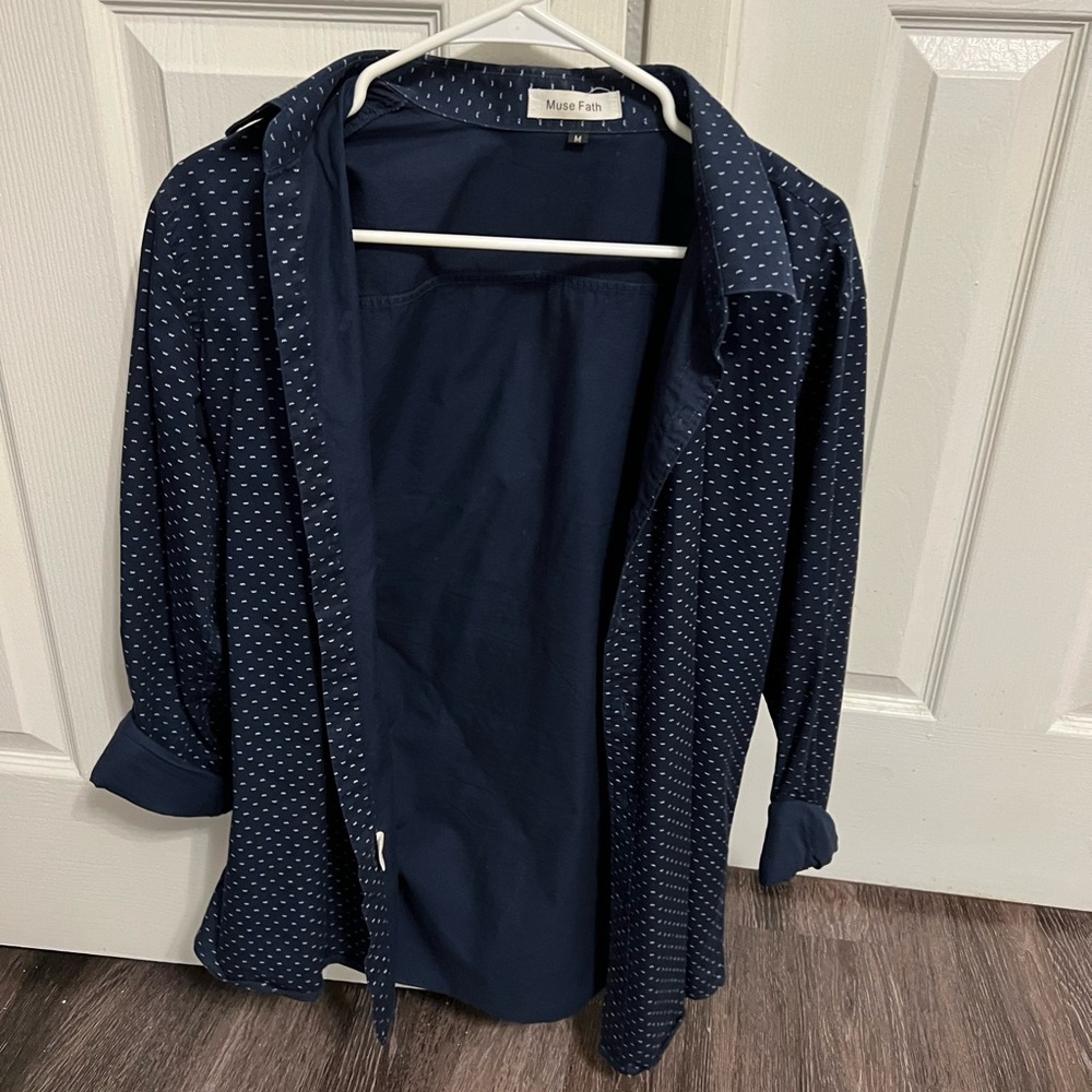 navy blue with white polka dots dress shirt